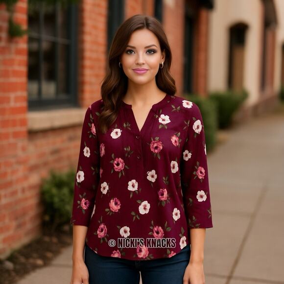 Stitch Fix Burgundy Floral Blouse Split Neck 3/4 Sleeve Pleated Fall Top Size S - Picture 1 of 9